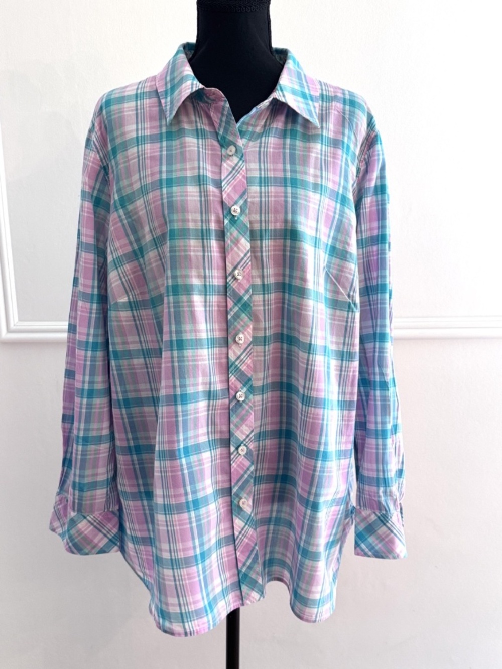 Talbots Shirt 2X Pink Teal Plaid Button Down Long Sleeve Cotton Plus